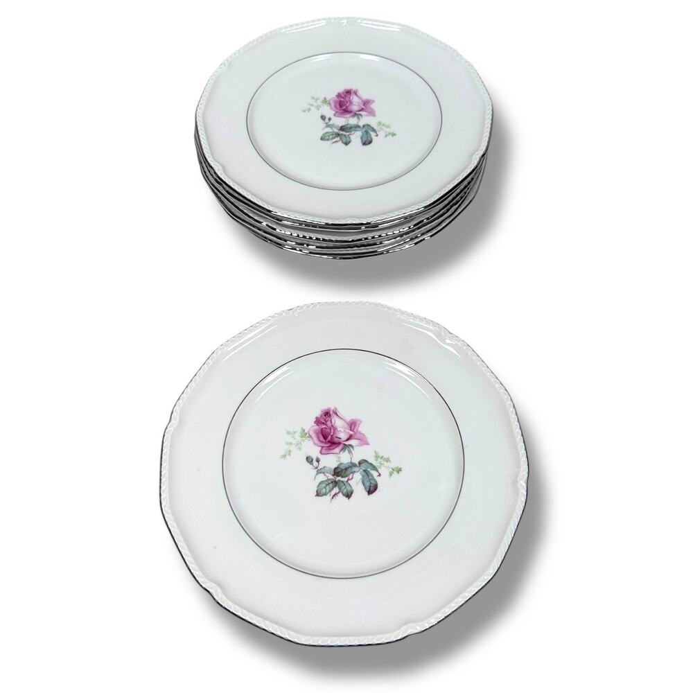 Royal Bayreuth Salad Plates 8.5" Pink Rose Platinum Rim Roped Edge Lot of 7